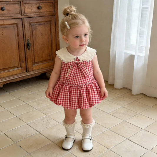 Girls Dresses Summer Cotton Red Checkered Bow Sleeveless Baby Girl Dress Cartoon Casual Beach Baby Clothing