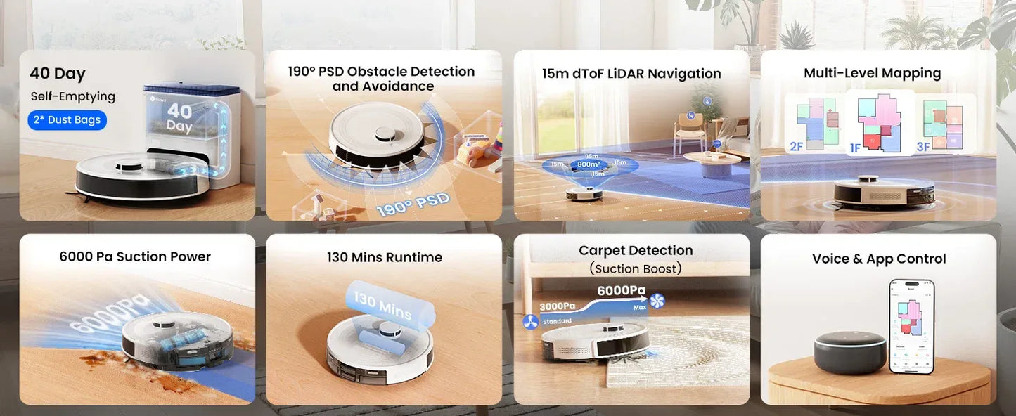 LEFANT M2L Plus Robot Vacuum Cleaner with Mapping, 6000Pa Suction, Emptying Station, Automatic Washing and Drying, DTOF Laser