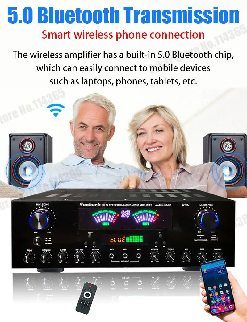 AV-555BT/999BT Max 4000W Bluetooth Sound Amplifiers Dual Dynamic Screen HiFi Digital Stereo Amplify For Home Car Theatre Karaoke