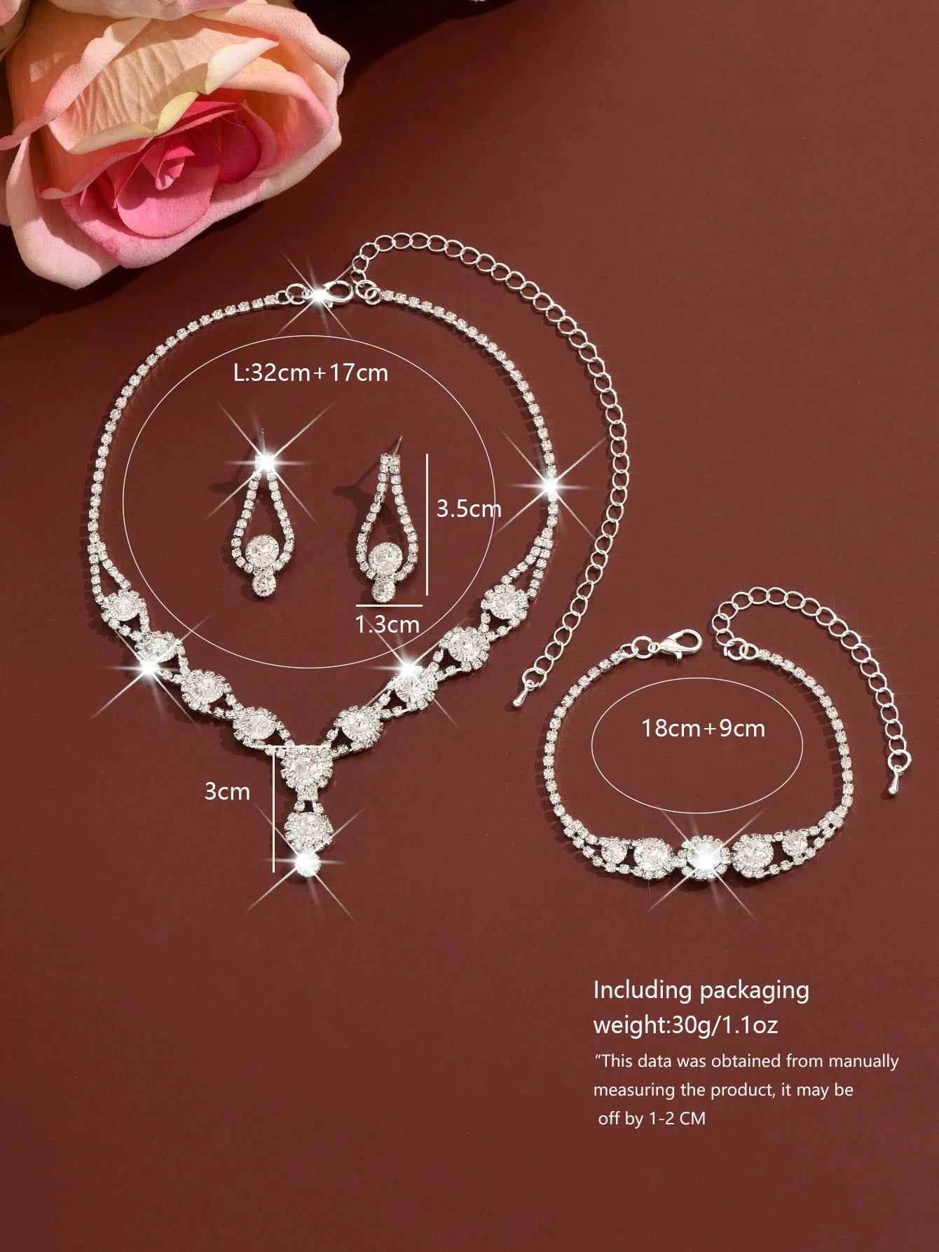 4PCS Fashion Elegant Crystal Jewelry Sets for Women Rhinestones Necklace Ring Earrings Bridal Wedding Party Jewelry Sets