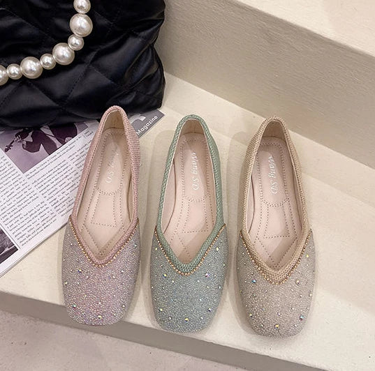 Shoes for Woman 2025 Diamond Flats Women's Summer Footwear Flat Square Toe Pink with Crystals Rhinestone Office 39 Beau Today E
