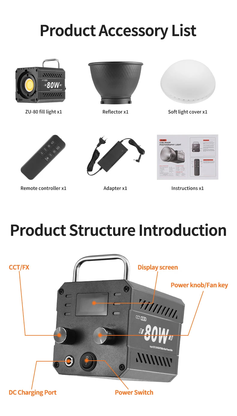 MIAOTU ZU-80 MINI Photography Light LED Live COB Fill light 2700-7500K Professional Video Portable Lampshade Mini Bowens Mount