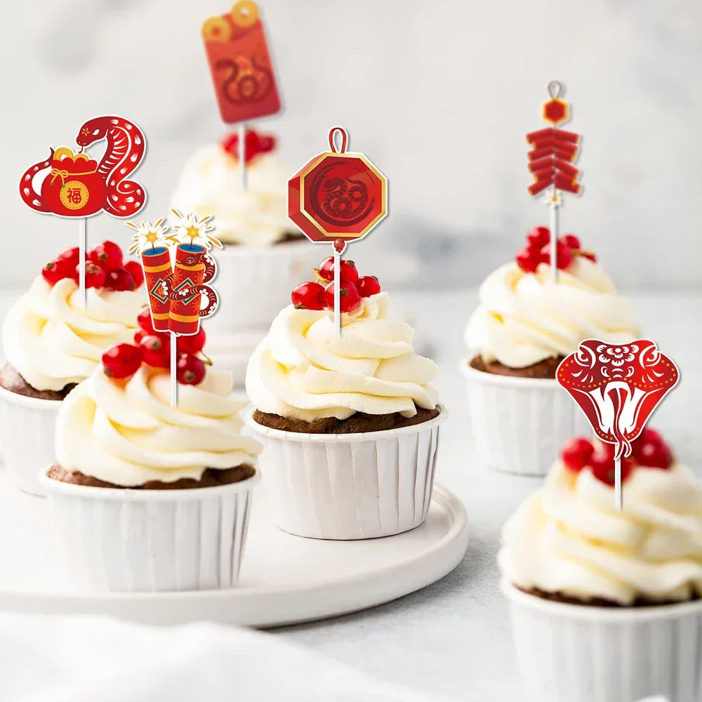 12/24pcs Chinese New Year Cupcake Toppers Dessert Cake Decor 2025 Year of Snake Lunar Chinese Spring Festival Party Supplies