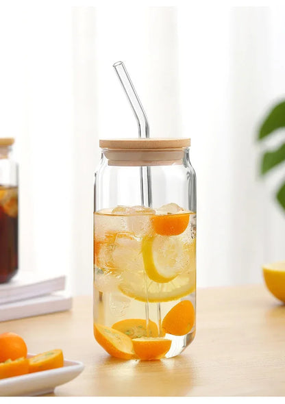 Glass Cup With Straw and Bamboo Lid Transparent Bubble Tea Cup Cold Drinking Glasses Iced Coffee Mug Beer Can Juice Milk Cup