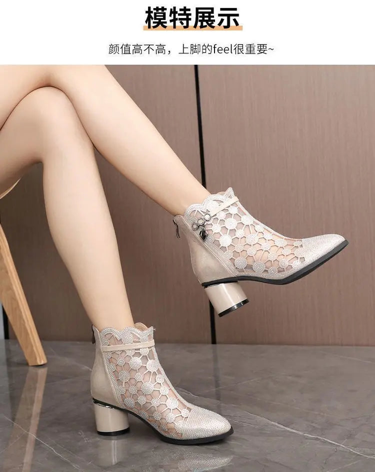 2025 Spring Summer Fashion Rhinestones Gauze Sandals Thick Heels Mesh Autumn Ankle Boots Female Hollow Women's Shoes