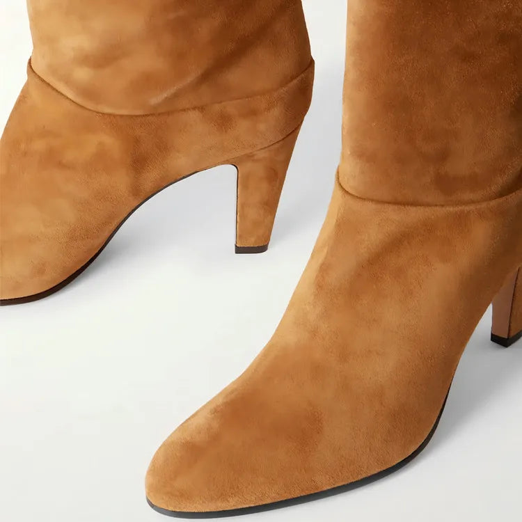 Autumn and Winter Women's Thick High-heeled Knee High Boots, Round Headed Cowhide Suede Fashionable Women's Plus Size Boots