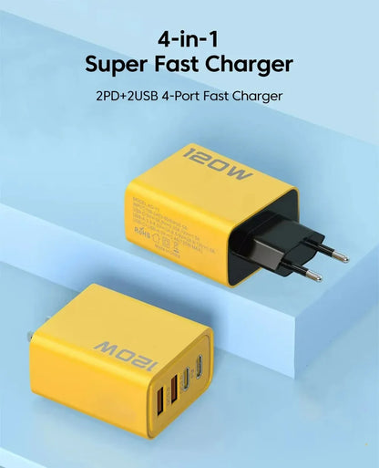USB C Charger Total 120W 4-Port Fast Charger Mobile Phone USB Type C Charging Adapter EU/US/UK Plug For iPhone 17 Xiaomi Huawei