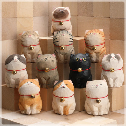 Cute Cat Animals Figurine Decorative Wooden  Ornament Kitten Statue Calico Golden gradient cat Home Office Desk Car Decor Gift