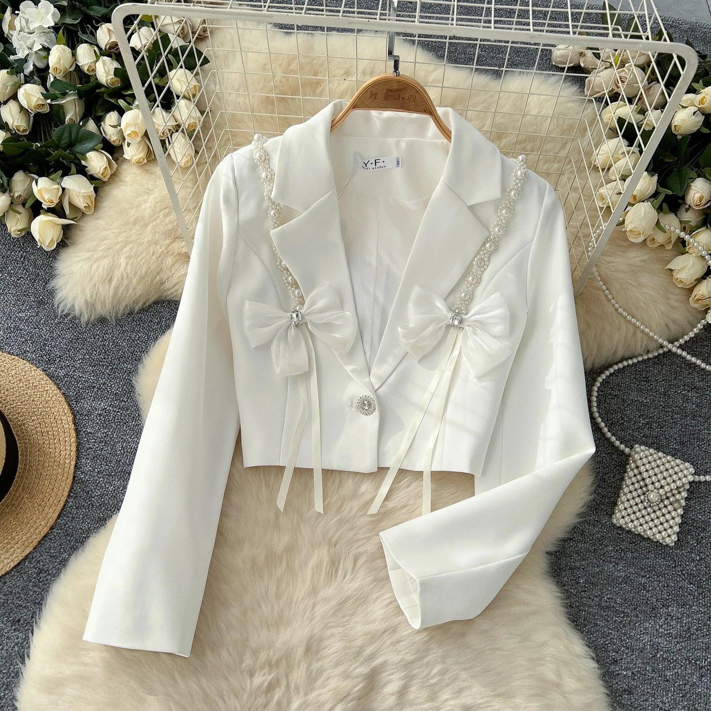Chic Notched Basics Long Sleeve Elegant Embroidered Bead Butterfly Loose Coat French Streetwear High Street Autumn Winter Top