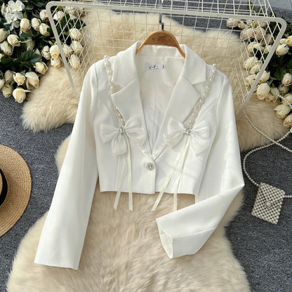 Chic Notched Basics Long Sleeve Elegant Embroidered Bead Butterfly Loose Coat French Streetwear High Street Autumn Winter Top