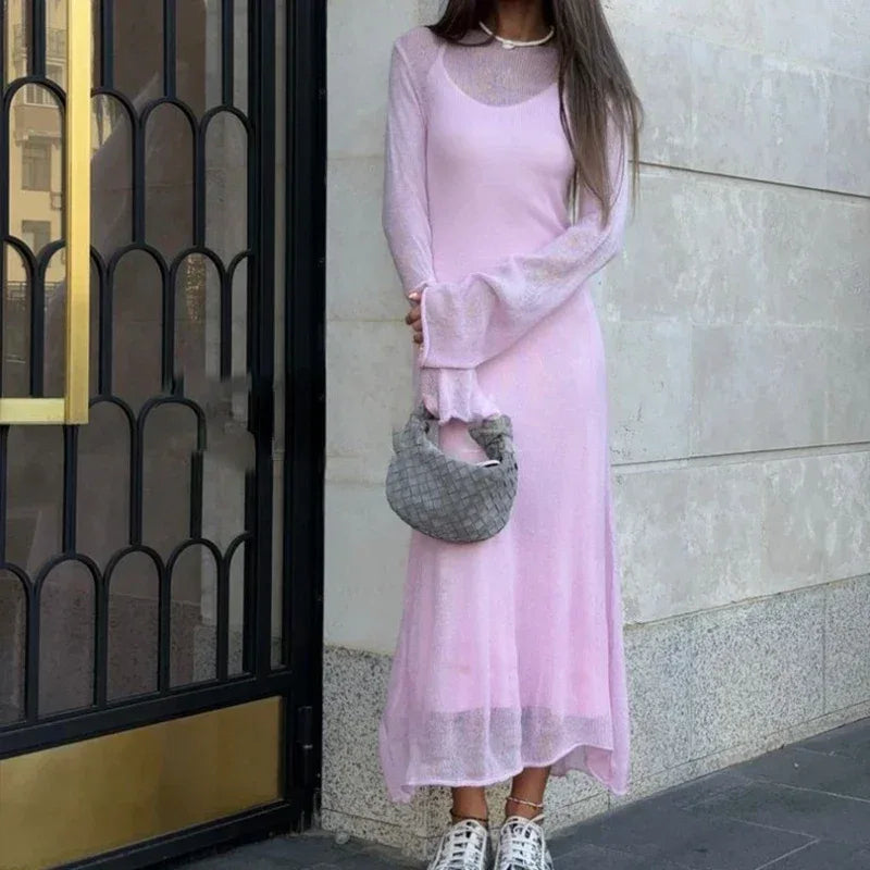 Spring Autumn O-Neck Elastic Knit Long Dresses Women 2024 Elegant Chic Soft Lady Hollowing Sweater Dresses Femme New