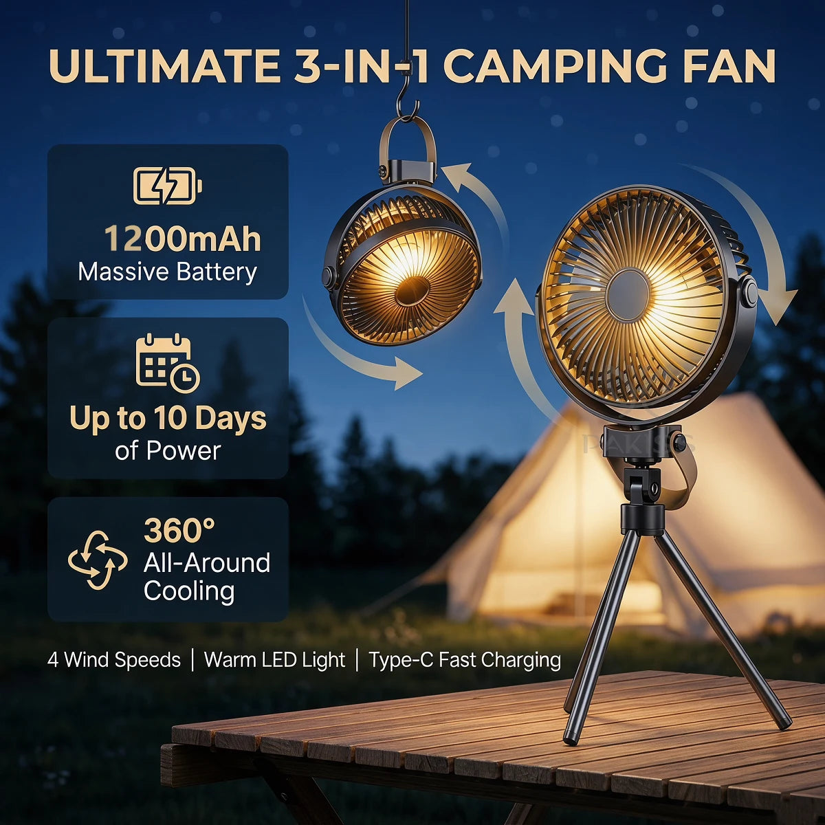 3-in-1 Tactical Camping Fan 1200mAh Battery Powered 4 Speeds 360° Rotation Outdoor Air Cooler with Warm Light for Travel BBQ