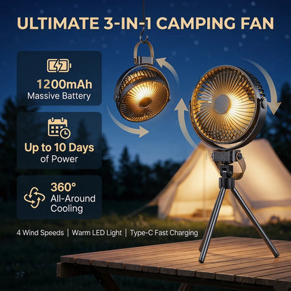 3-in-1 Tactical Camping Fan 1200mAh Battery Powered 4 Speeds 360° Rotation Outdoor Air Cooler with Warm Light for Travel BBQ