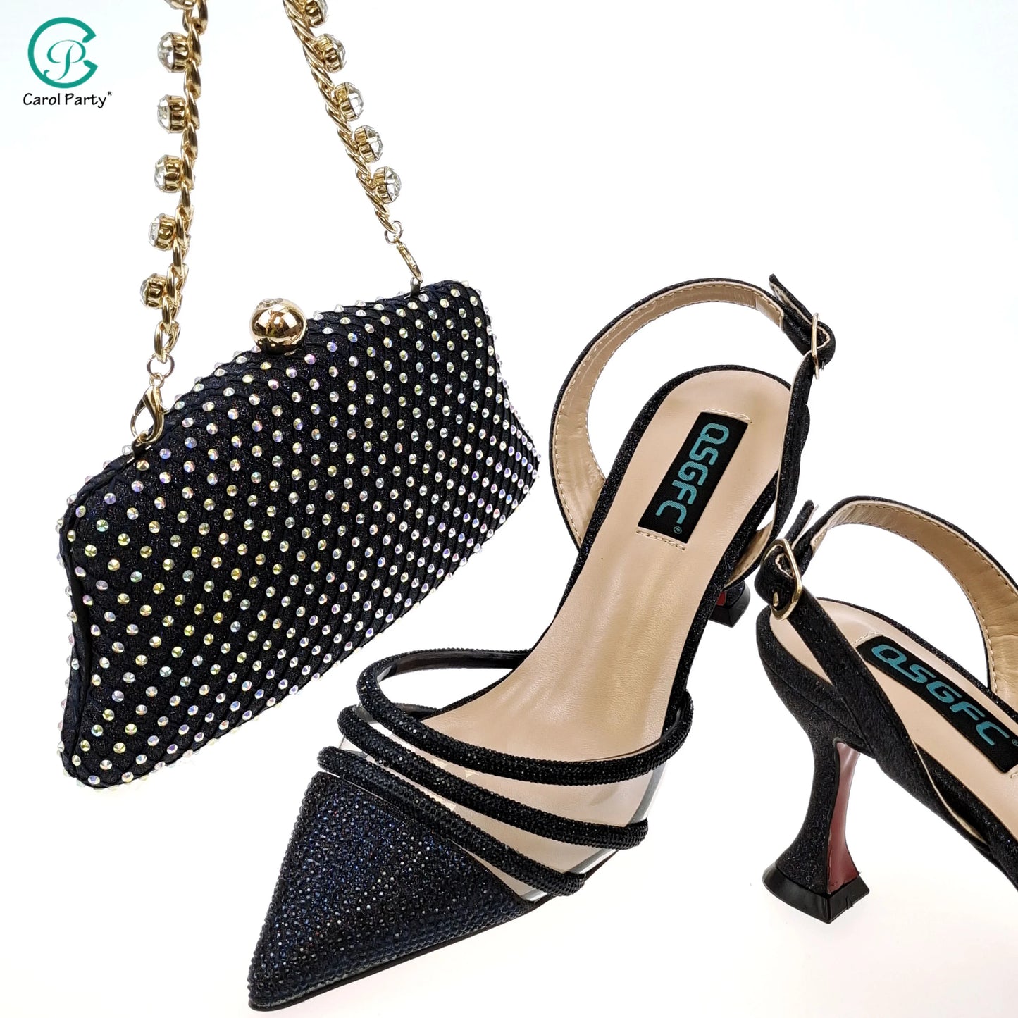QSGFC African Women's Fashion Crystal Square Button Pointed High Heels Water Diamond Shiny Wine Color Sandal Bag Set