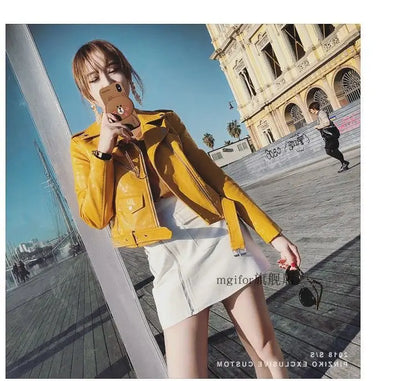Spring Autumn Faux Leather Yellow Bomber Jacket Locomotive Belted PU Coat Zipper Cardigan Turn Down Collar Streetwear Crop Tops