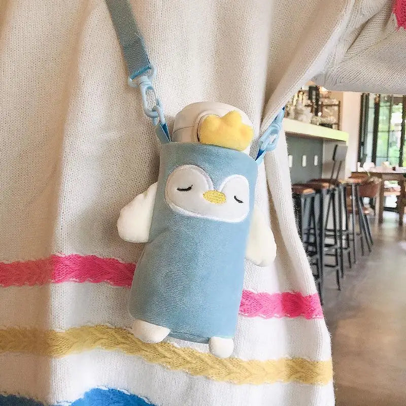 1Pcs Cartoon Plush Cup Holder With Crossbody Strap Portable Water Bottle Cover Cute Plush Insulated Bag Cup Pouch