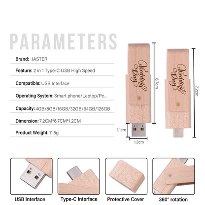 USB3.0 Wooden  TYPE-C Free Custom Logo USB 3.0 Flash Drive 128GB Rotatable Pen Drive 64GB Memory Stick Creative Gift Pendrive
