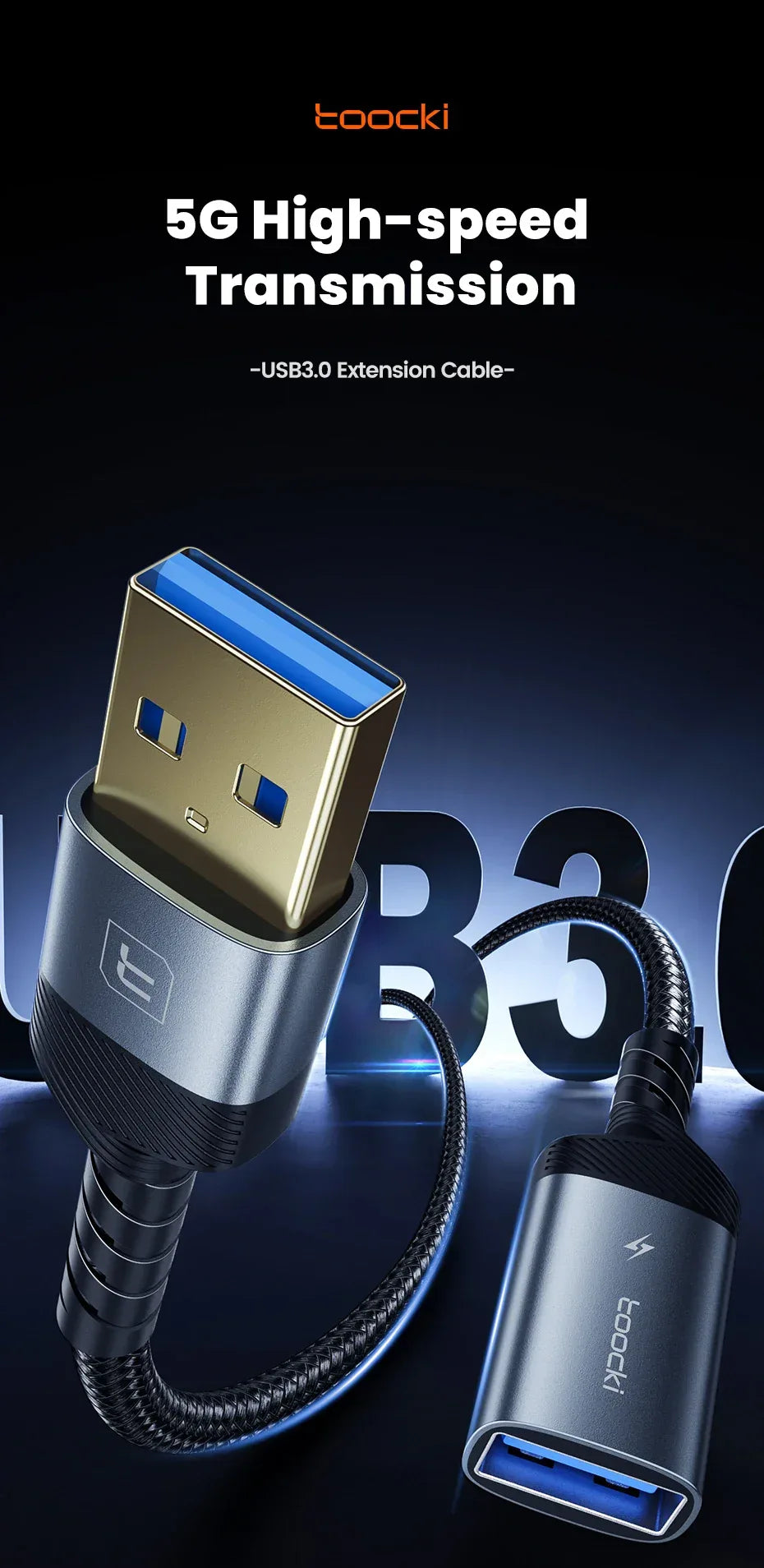Toocki USB3.0 Extension Cable Male to Female Hi-Speed Transmission Data Cable for PC Laptop TV Xbox USB Extender Cord