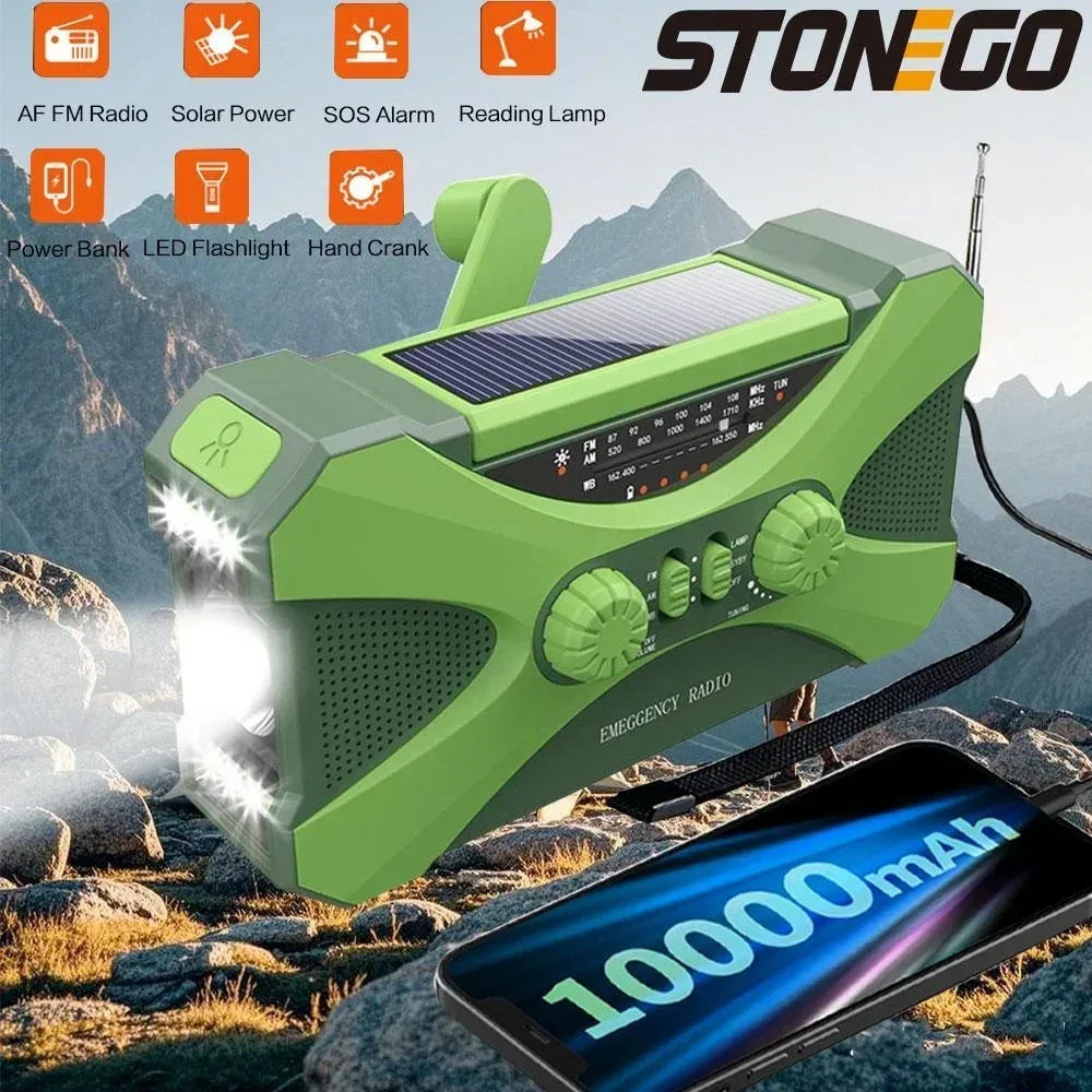 Multifunctional 10000mAh Solar Crank Radio  AM/FM/NOAA Weather Alert, Dual Stereo Speakers, Phone Charger, LED Torch & SOS Alarm
