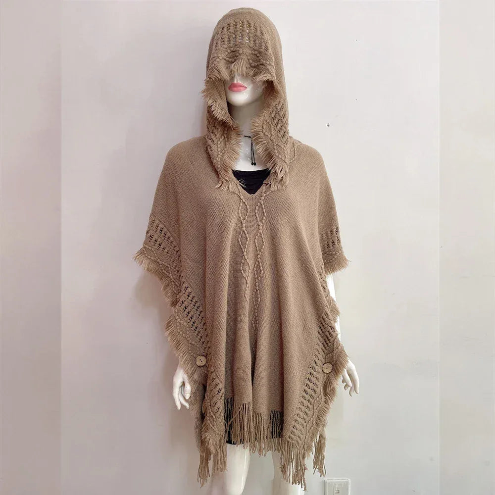 Women Knitted Cape Shawl Wrap Cloak Ethnic Hooded Poncho Hoody Jumper Sweater Tassels Dropshipping