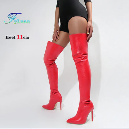 Size 34-48 White Boots For Woman Spring Autumn Stiletto Heels Back Zipper Pointed Toe Thigh Boots Over Knee T Show Shoes 11CM