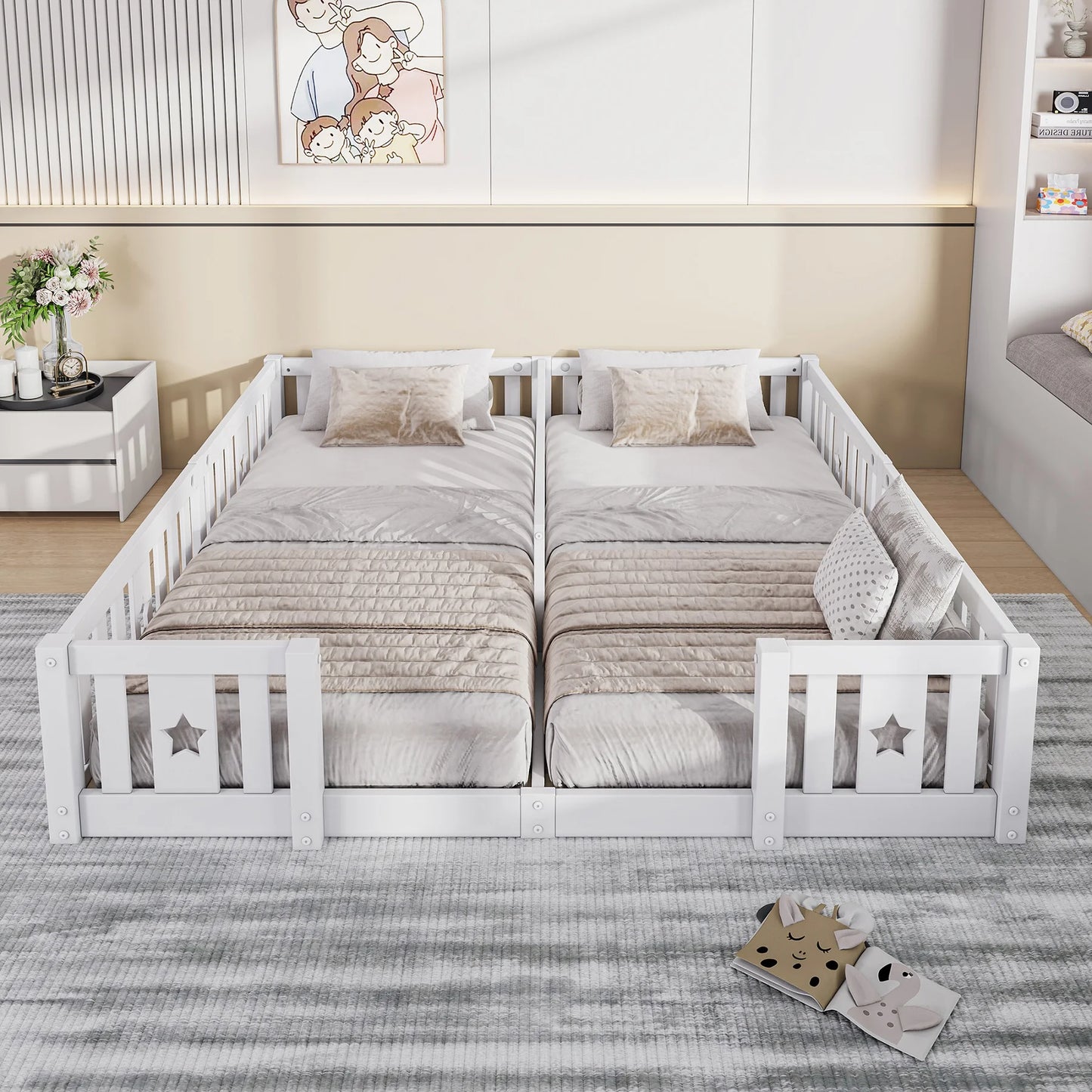Rosahqnda Children's Bed Floor Bed 90x200cm with Railing Gate,Pine Wooden Bed for Families with 2 Children,Children's Twin Bed