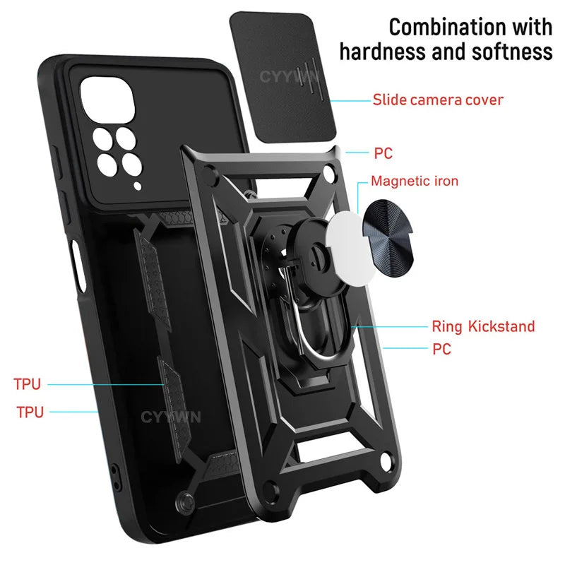 Slide Camera Lens Protector Armor Case For Redmi Note 13 12 11 10 Pro Plus 10s 11s 12s 13C 12C Military Grade Bumpers Ring Cover