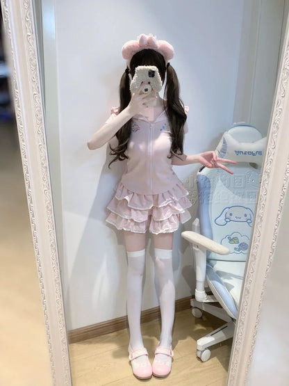 Japanese Kawaii Lolita 2-Pieces Set Women Sweet Rabbit Ear Zipper Hooded Tops + Cute Cake Mini Skirt Harajuku Y2k Outfits Summer