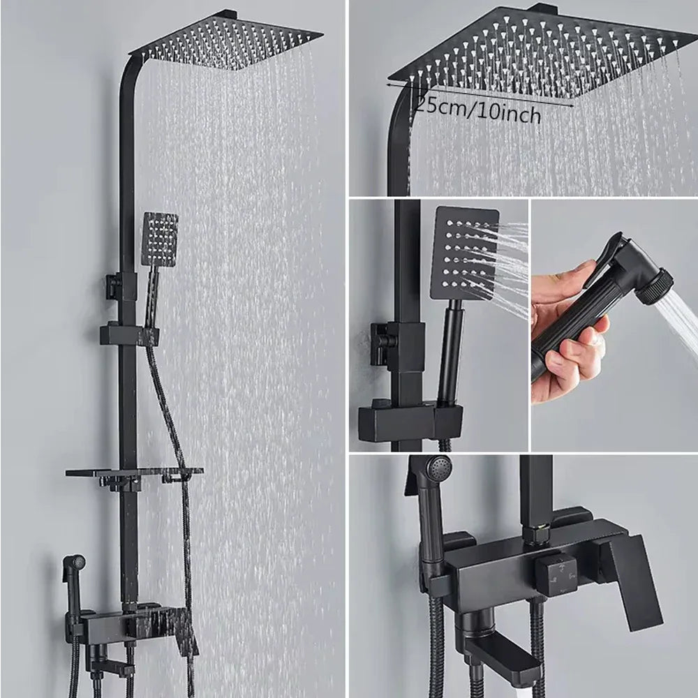 Chrome Brass Shower Faucet Set Rainfall Bathtub Tap With Bathroom Shelf 4 Function Height Adjust Shower Mixer Crane Fast Delivey