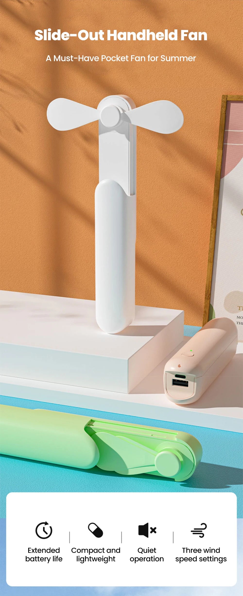 Portable Mini Fan Handheld Small Fan Extendable USB to Type C Charging Fan 2-in-1 Multi-Functional Mobile Phone Charging Fan