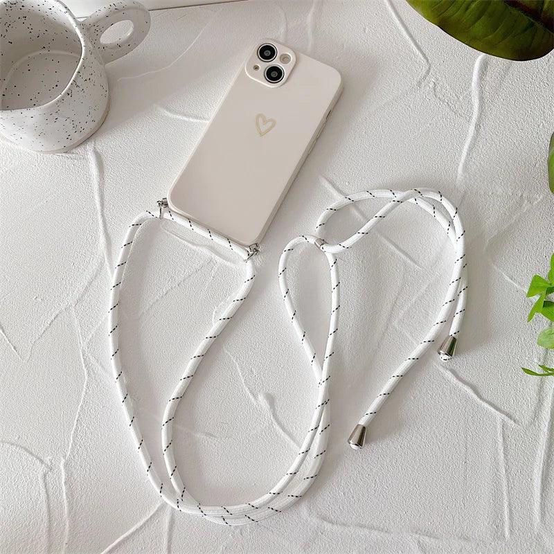 Crossbody Lanyard Silicone Phone Case For iPhone 15 14 11 12 13 Pro Max Mini 8 7 6 Plus 10 X Xr Xs Max SE 2020 Love Heart Cover