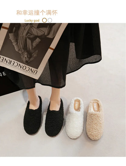 Big Size 43 Women Lambswool Slippers Winter Sheep Fur Shoes Ladies Flat Cotton Slides Home Pantuflas Daily Slip On Furry Mules