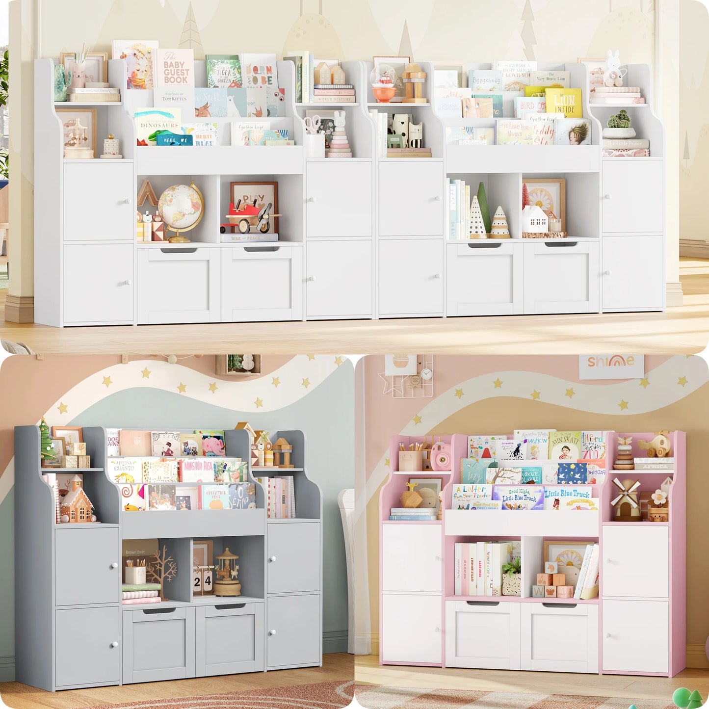 Getone Toy Storage , Childrens Bookcase,Unit 3-tier Kids Bookshelf, Kids Storage with 2 Drawers with Wheels, 4 Doors, 6 Open Shelves,multi-functional toy storage unit122x30x100cm