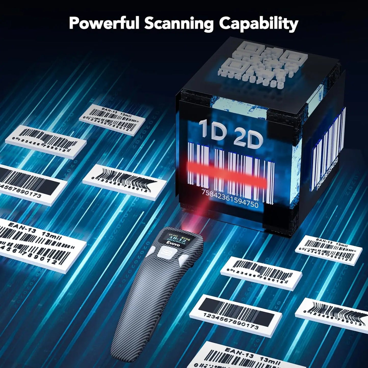EYOYO Portable Bluetooth 1D Bar Code 2D QR Scanner with Digital Display Can Add Custom Prefix/Suffix Digits,Keyboard Keys