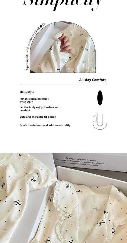 French-Inspired Chic, High-Fashion Aesthetic Instagram-Worthy Bow-Adorned Ice-Silk Lace-Trimmed Long-Sleeved Trouser Pyjamas