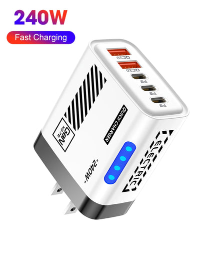 5 Port GaN USB C Charger 240W PD Fast Charging Adapter For iPhone 17 16 15 Pro Samsung Xiaomi Huawei Laptop Desktop PD Charger