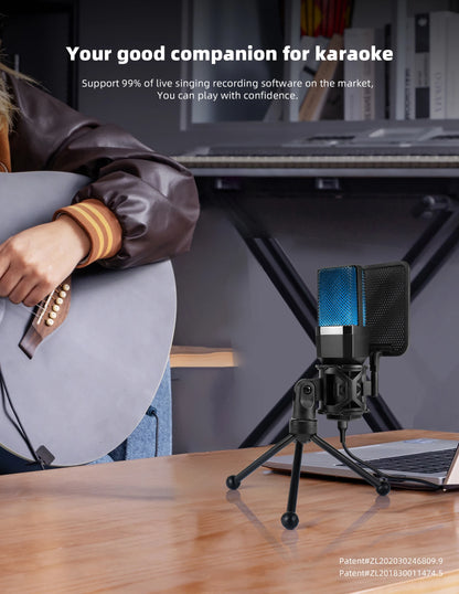 Professional Microphone Condenser Gaming Mic PC Laptop Computer USB Wired Streaming Studio Podcast Mike Kit Gamer RGB PC Karaoke