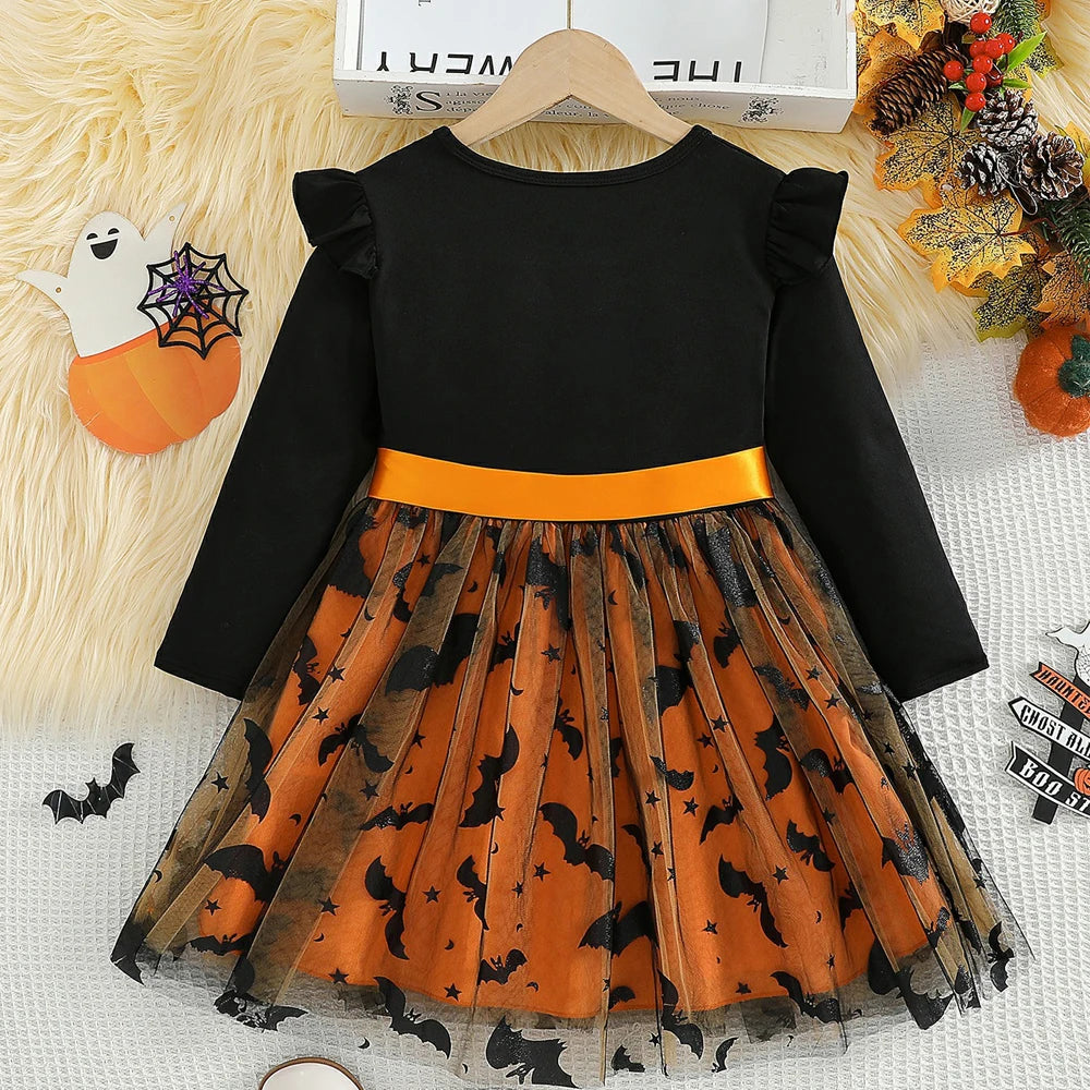 Prowow 2-8Y Kids Purple Halloween Dresses For Girls Long Sleeve Princess Mesh Spooky Spider Dress Children Halloween Costumes