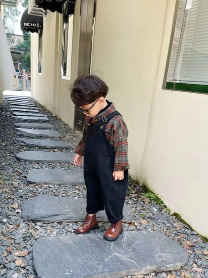 Korean Children's Clothing Girl Boys Suspender Pants+ Checkered Shirt Set Girls Baby Shirt Outfits Spring Autumn Kids Jeans Sets