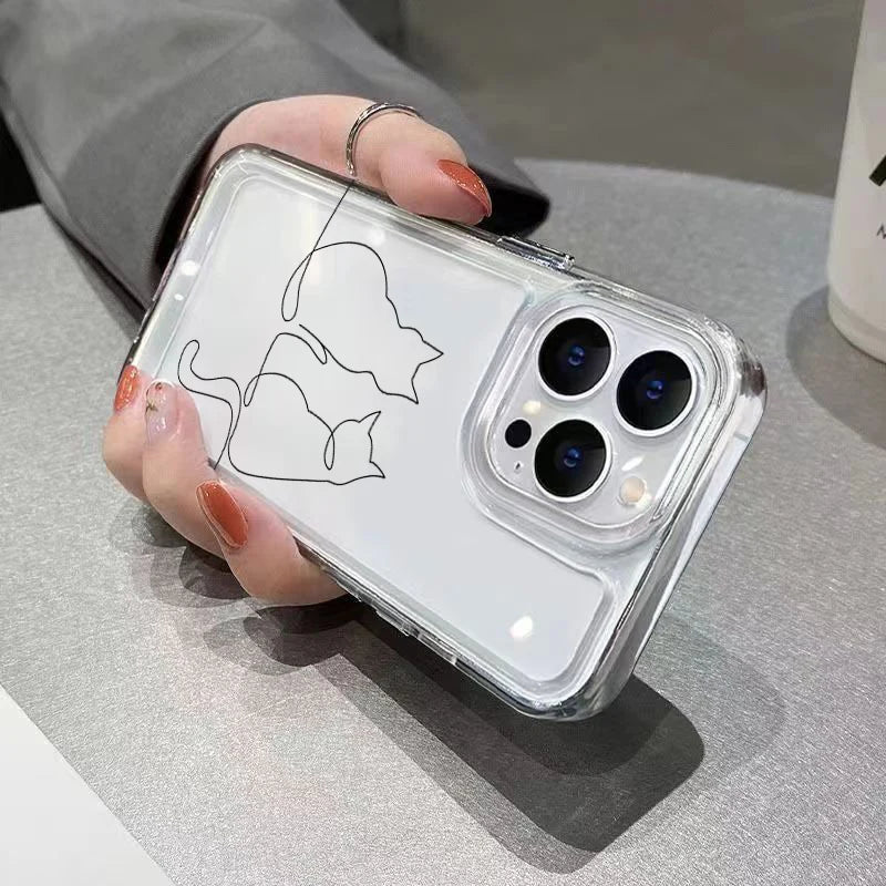 Luxury Shockproof Soft TPU Clear Phone Case For iPhone 17 11 12 13 14 15 16 Pro Max 16 Plus 16E 17 Air With Cute Line Cat Cover