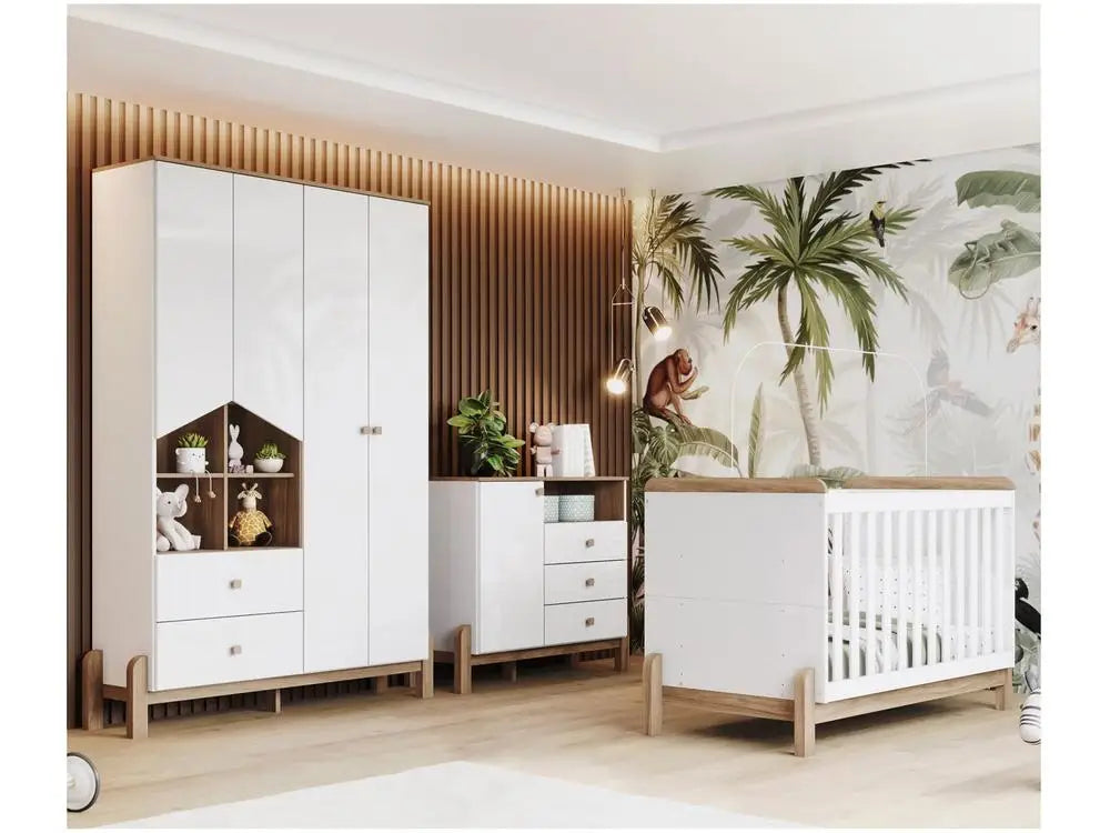 Full Baby Room with Cradle Dresser and Wardrobe Henn White Ternor and Jequitibá