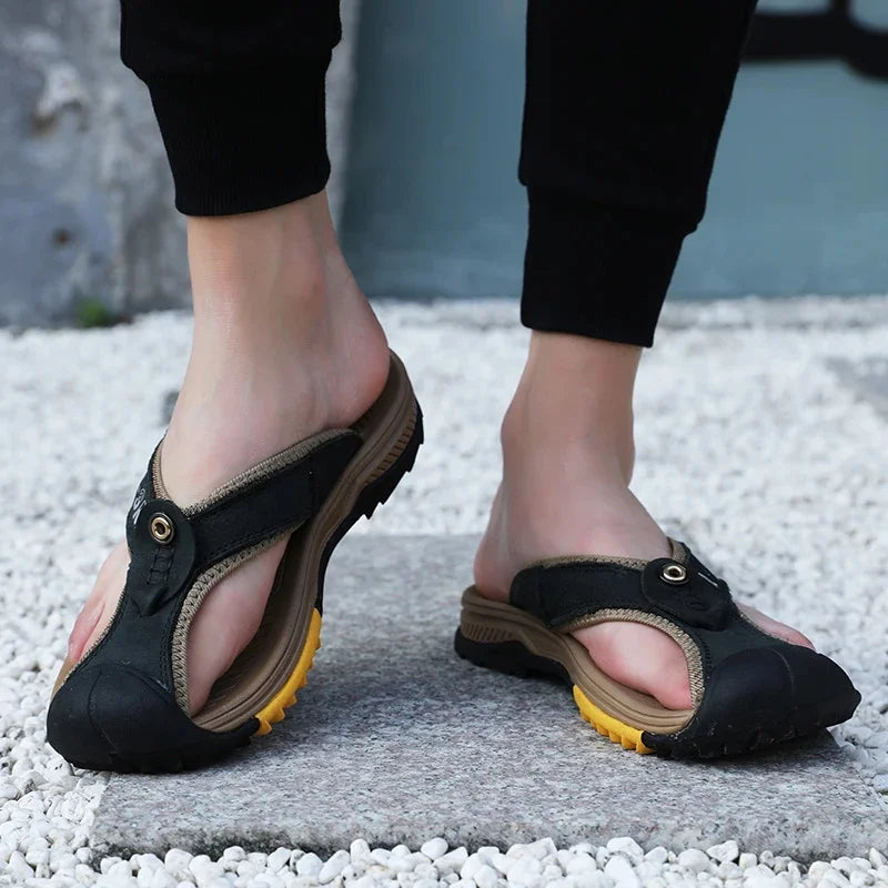 Genuine Cow Leather Shoes Men Sandals Mens Flip Flops Men's Casual Shoes Classic Massage Beach Slippers Anti-slip Summer 2025