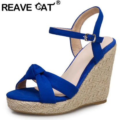 REAVE CAT Brand Women Sandals Open Toe Flock Suede Wedges 11cm Platform Buckle Strap Big Size 44 45 46 Soft Leisure Daily Shoes