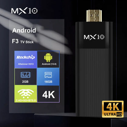 MX10-F3 Android TV Stick Ultra HD 4K H313 Quad Core 2.4G/5G Dual WiFi Portable Mini Home TVStreaming Media Player Stick for Home