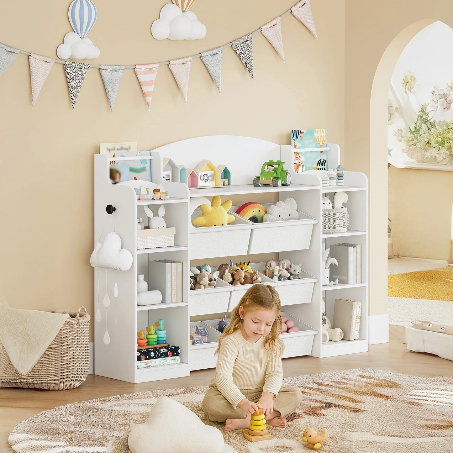 Children's Bookcase, Wooden Bookcase, Toy Shelf with 8 Fabric Drawers for Children's Room, Living Room, Study