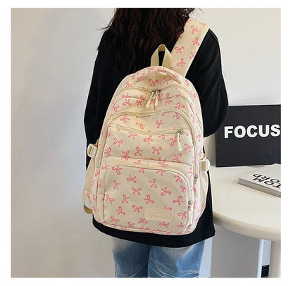 3 Pcs/Set Cute girl Large Capacity Backpack Bow Print Nylon Schoolbag Adjustable Strap Women daily Campus Backpack