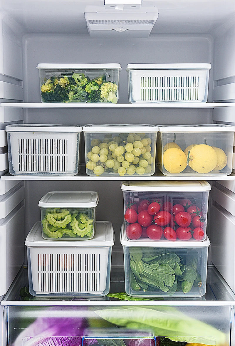 Refrigerator Storage Box Fridge Organizer Fresh Vegetable Fruit Boxes Drain Basket Storage Containers Pantry Kitchen Organizer