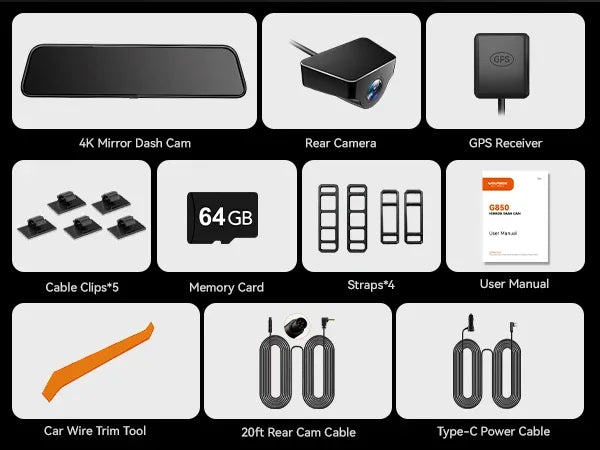 WOLFBOX G850 Front and Rear 4K 5.8Ghz WIFI Voice Control Dash Cam Car Camera WDR 1080P Dash Camera GPS Night Vision 24H Parking