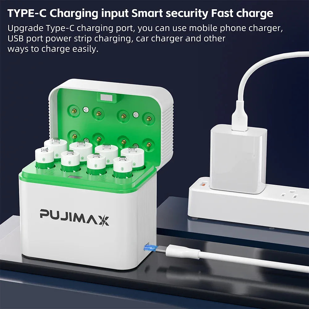 PUJIMAX 1.2V AA + AAA Ni-MH/Ni-Cd 8 Slots Combo Charging Compartment Smart Flip Top Charger Can Charge 4pcs AA+4pcs AA Batteries