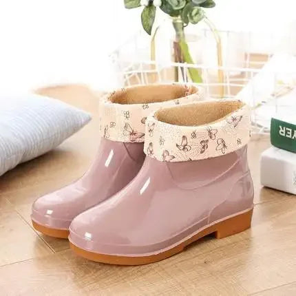 Women's Short Rain Shoes Non-slip Waterproof Rubber Boots Durable Wear-resistant Rain Boots Fleece Lined Warm Shoes Wholesale